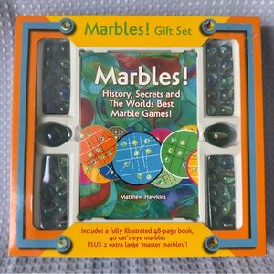 Marbles Gift Set W/Book Mathew Hawkings Cat’s Eyes Glass Marbles Vintage New